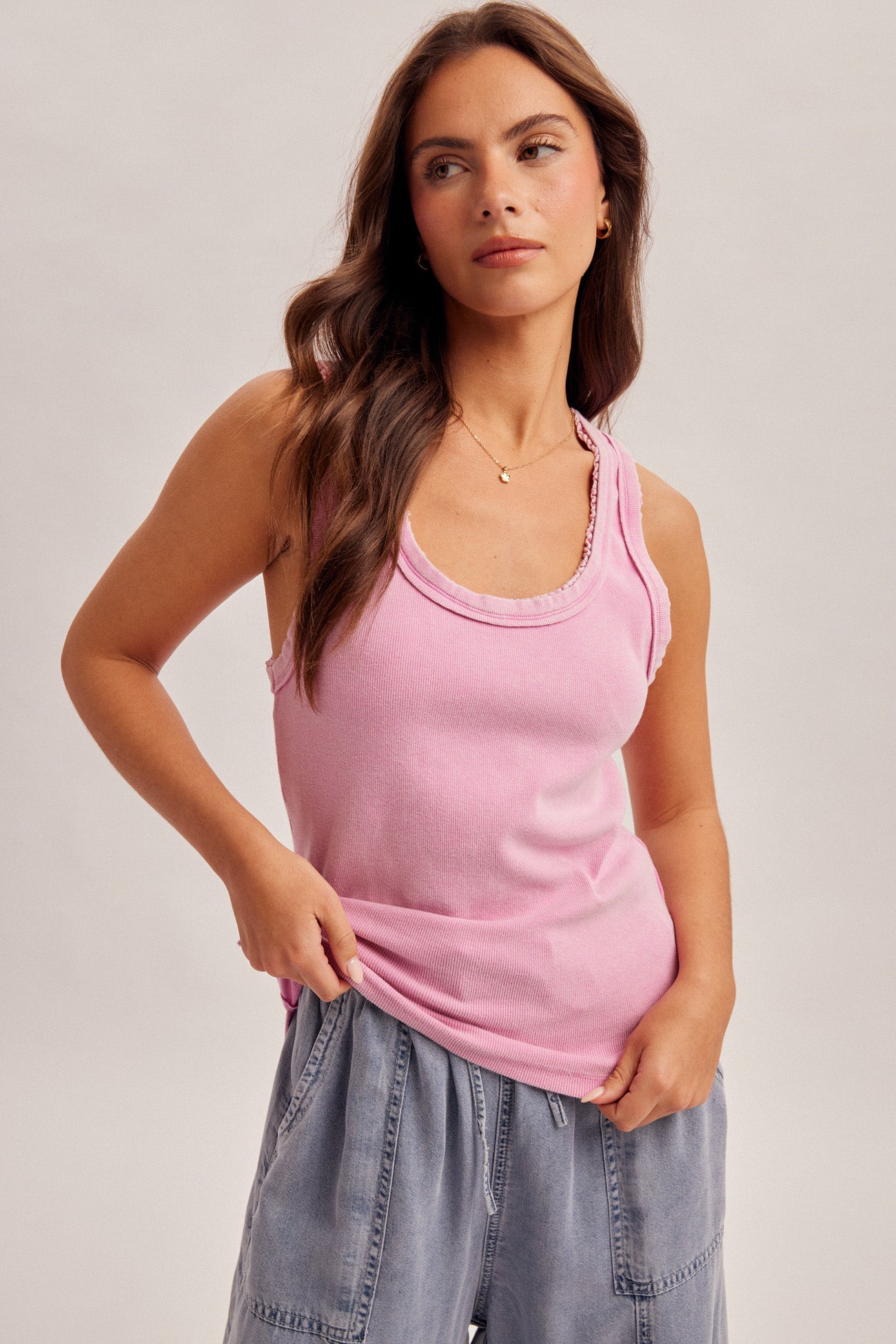 Ruffle Lace Edging Tank Pink