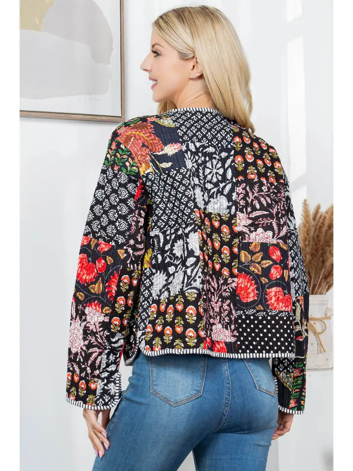 Cora Floral Quilted Patchwork Reversible Jacket Black Combo