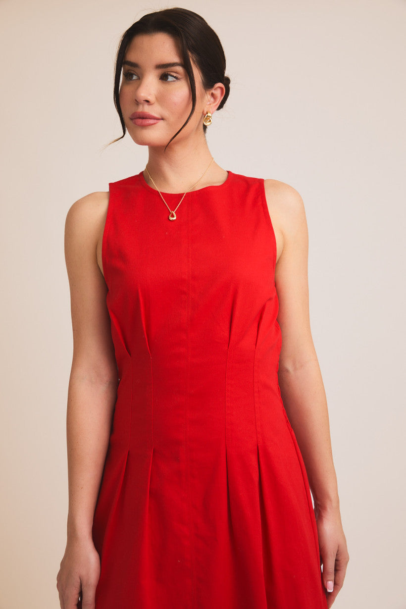 Sleeveless Pleated Stretch Twill Midi Dress Red
