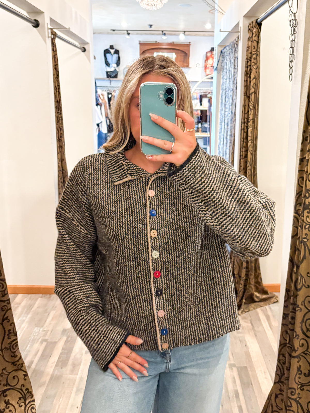 Colored Buttons Two Tone Mock Neck Cardi Black Taupe