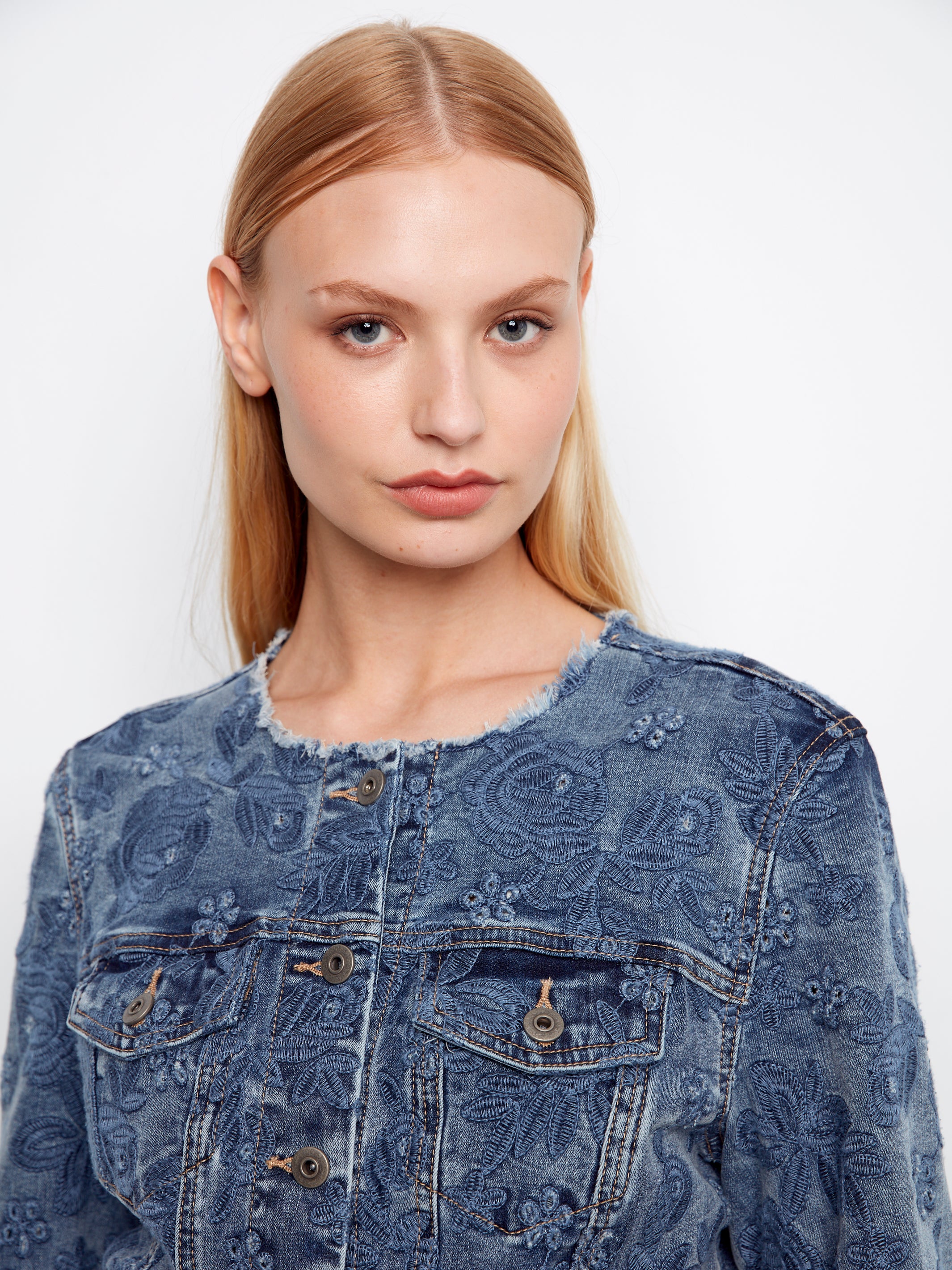 Eyelet Stretch Denim Collarless Jacket Medium Blue