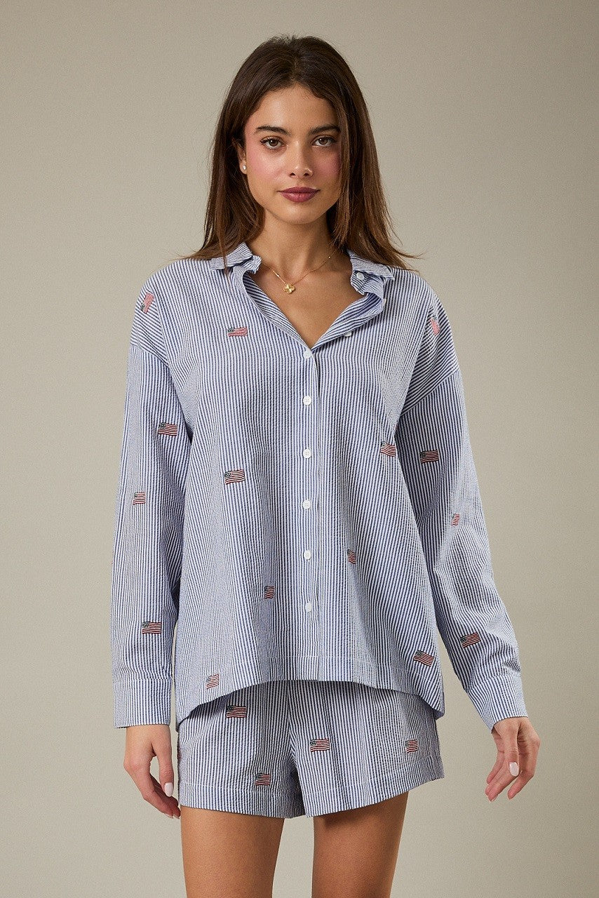 Stripe Flag Embroidered Button Down Shirt Navy White Stripe