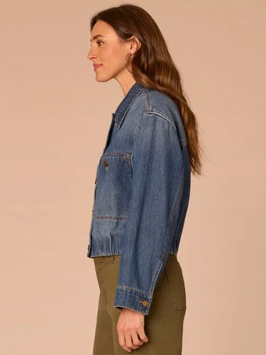 Long Sleeve Elastic Hem Crop Jacket Blue Artisanal