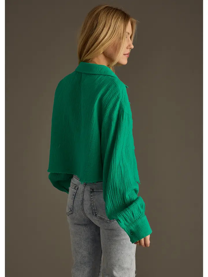 Gauze Button Up Long Sleeve Shirt Kelly Green