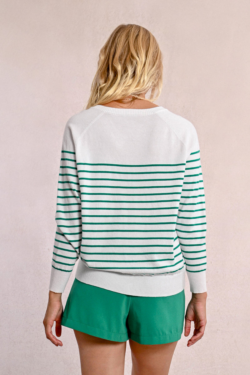 Buttoned Vneck Stripe Sweater White + Green