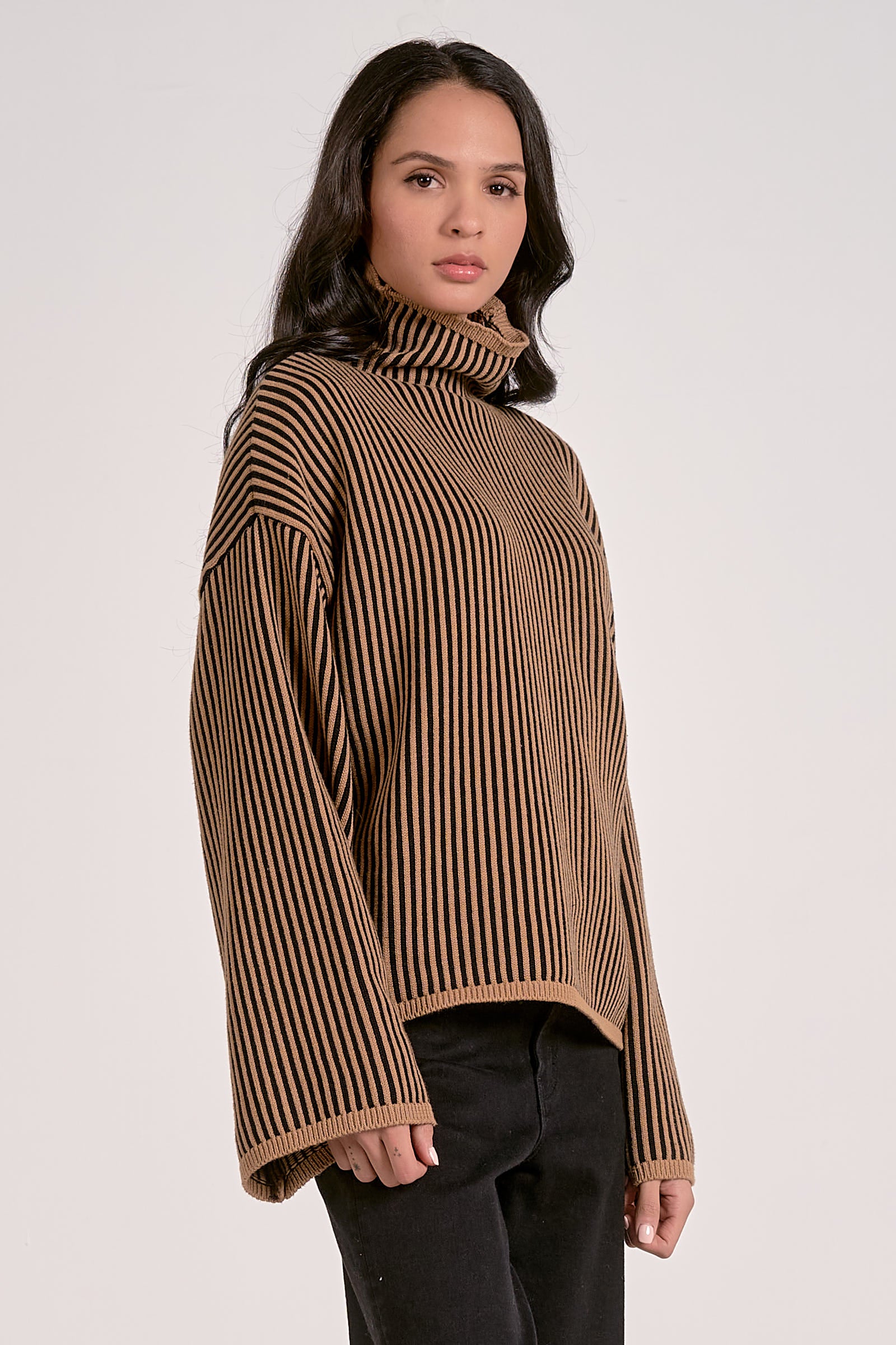 Turtleneck Textured Stripe Bell Sleeve Sweater Tan + Black