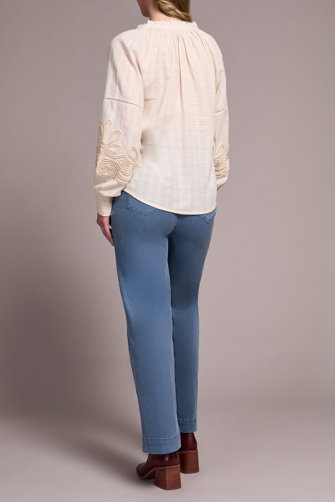 Button Detail Applique Bishop Sleeve Blouse Moonstone