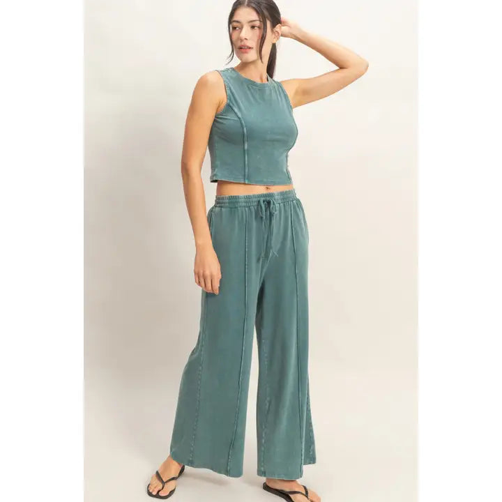 Mineral Washed Tank Wide Leg Pants Set Dark Teal
