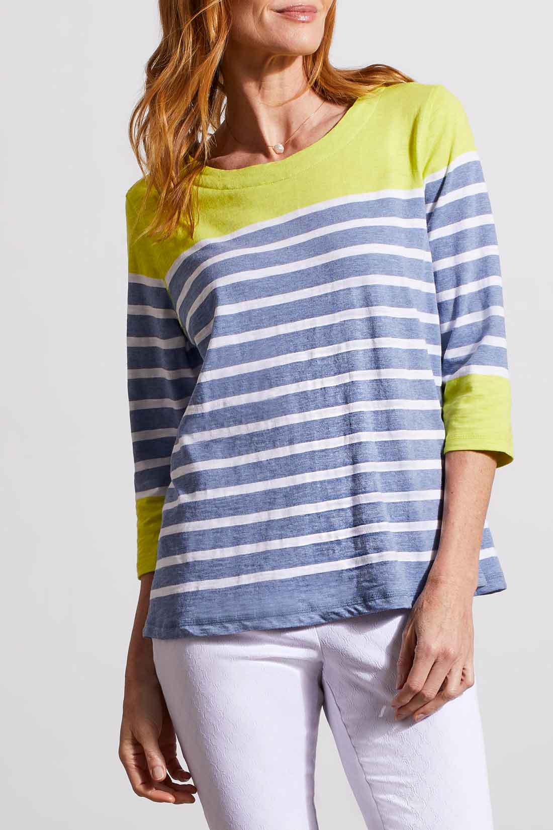 Boat Neck Striped Color Block 3/4 Sleeve Top Lime