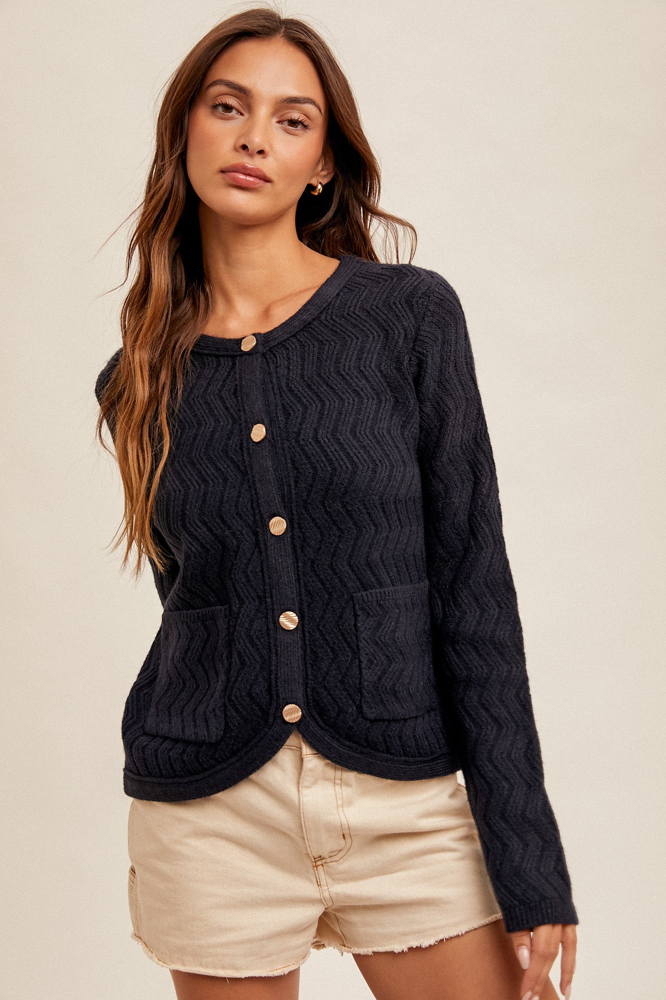 Chevron Pattern Button Down Cardigan Deep Navy