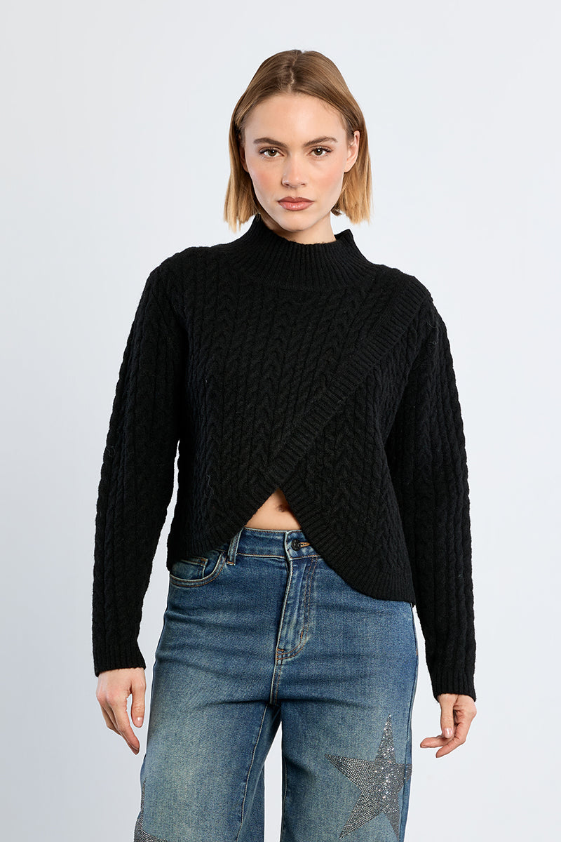 Cable Knit Crossover Mock Neck Sweater Black