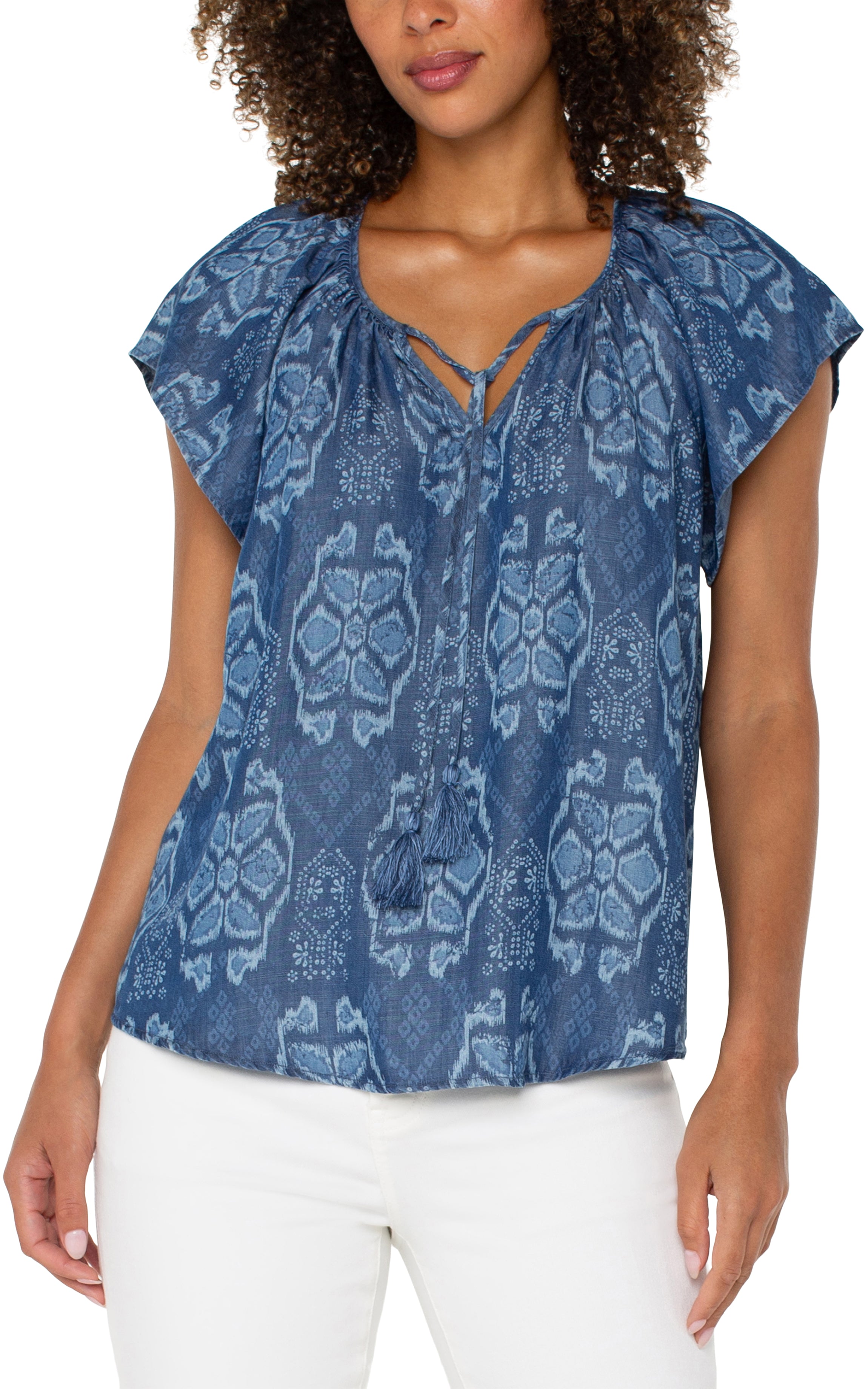 Front Tie Flutter Sleeve Woven Top Tribal Allover