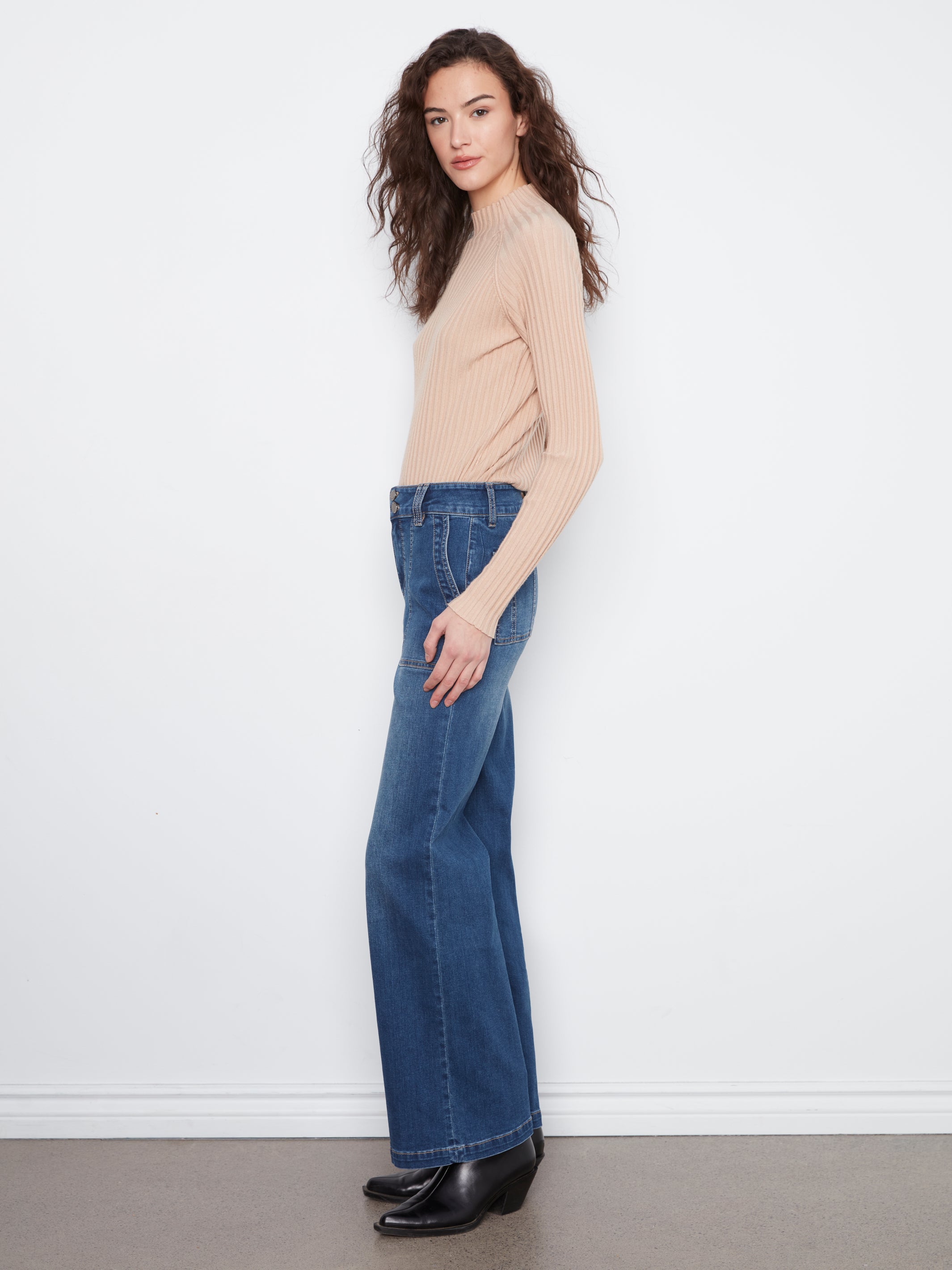 Double Front Button Patch Pocket Wide Leg Jeans Washed Indigo