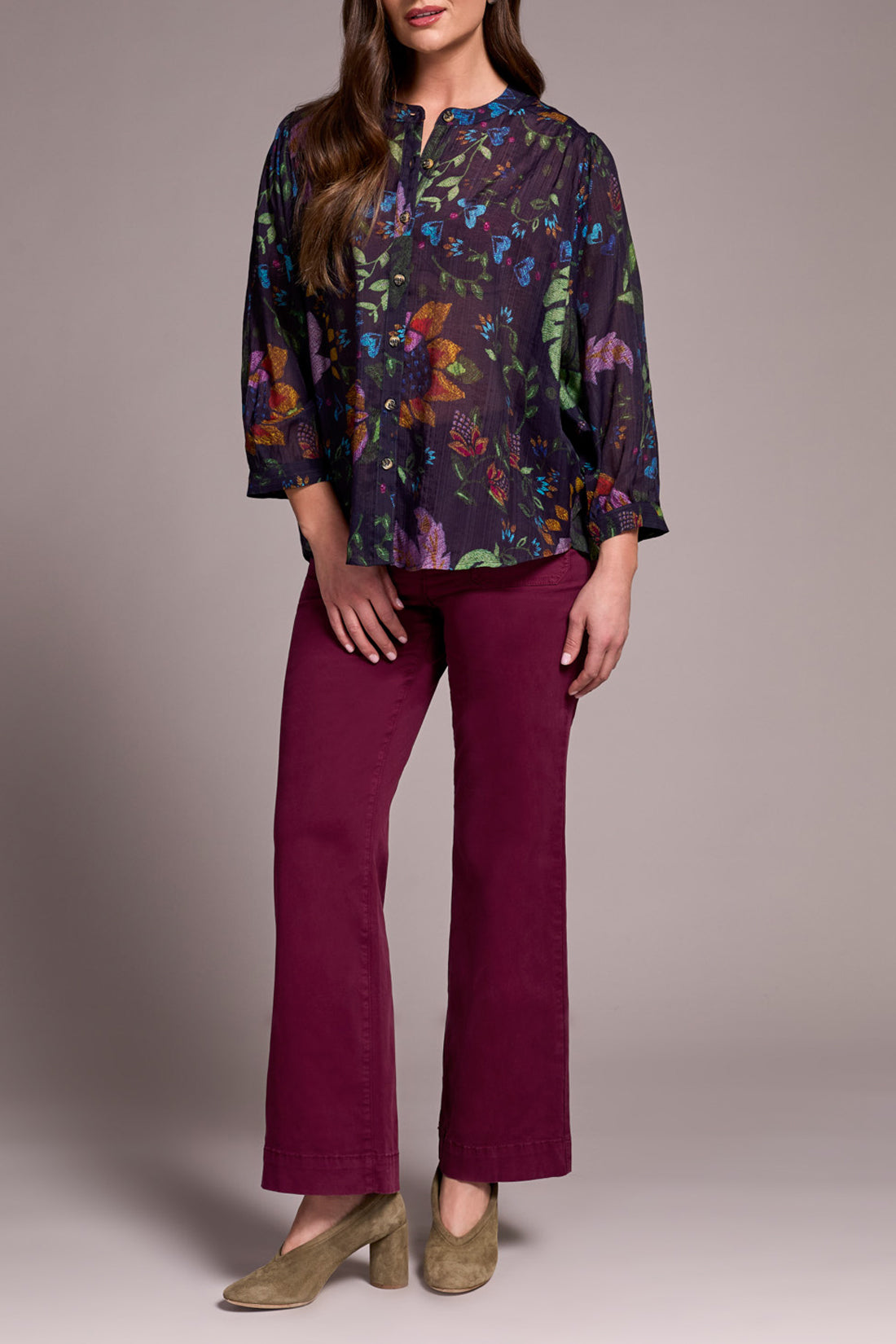 Printed Dolman Sleeve Button Down Blouse Nightfall