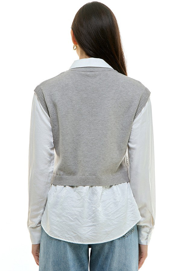 Crystal Diamond Pattern Twofer Collar Sweater Top Heather Grey