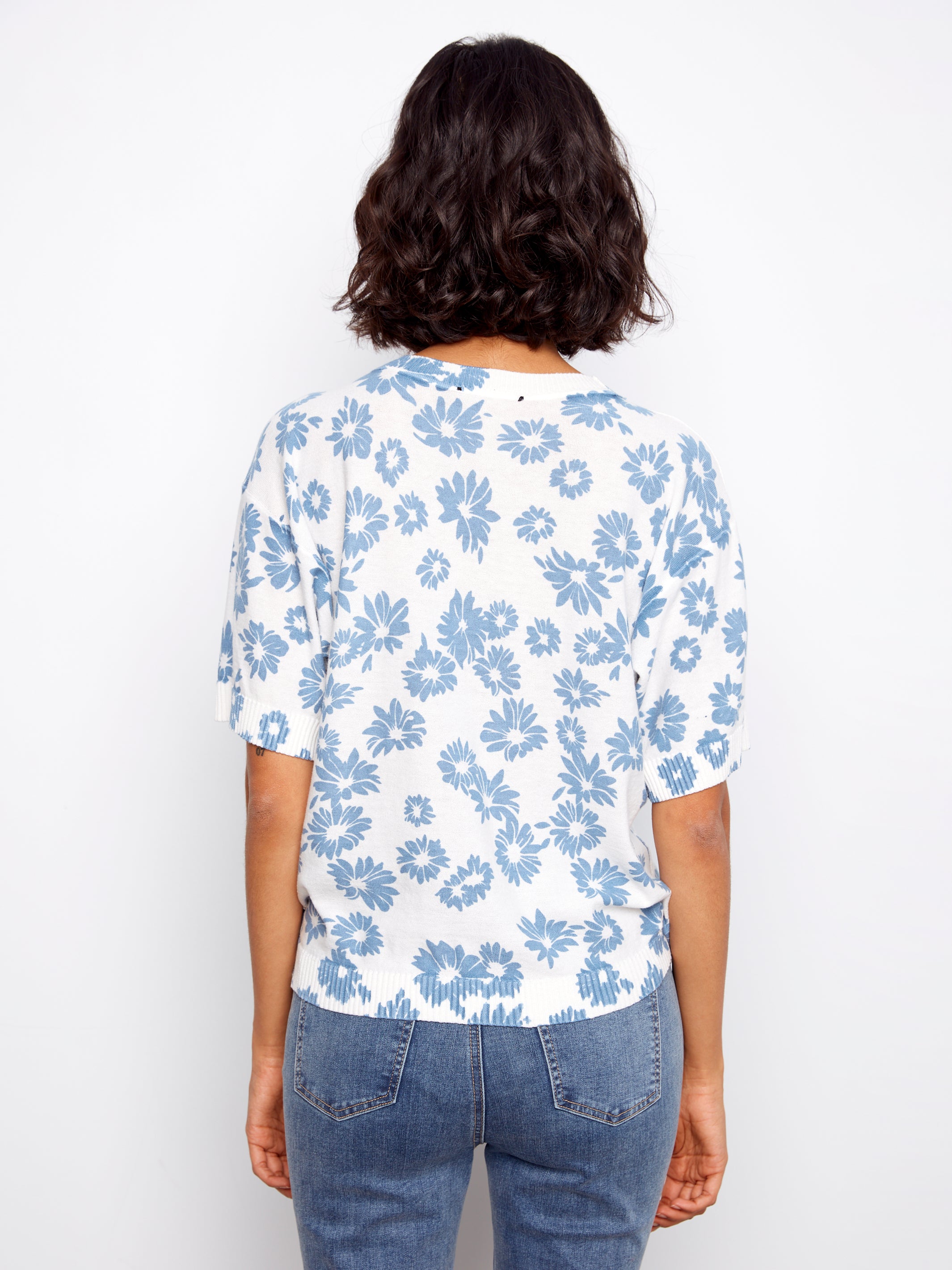 Reverse Print Short Sleeve Sweater Top Petals
