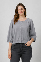 Gathered 3/4 Sleeve Buttoned Cardigan Heather Grey
