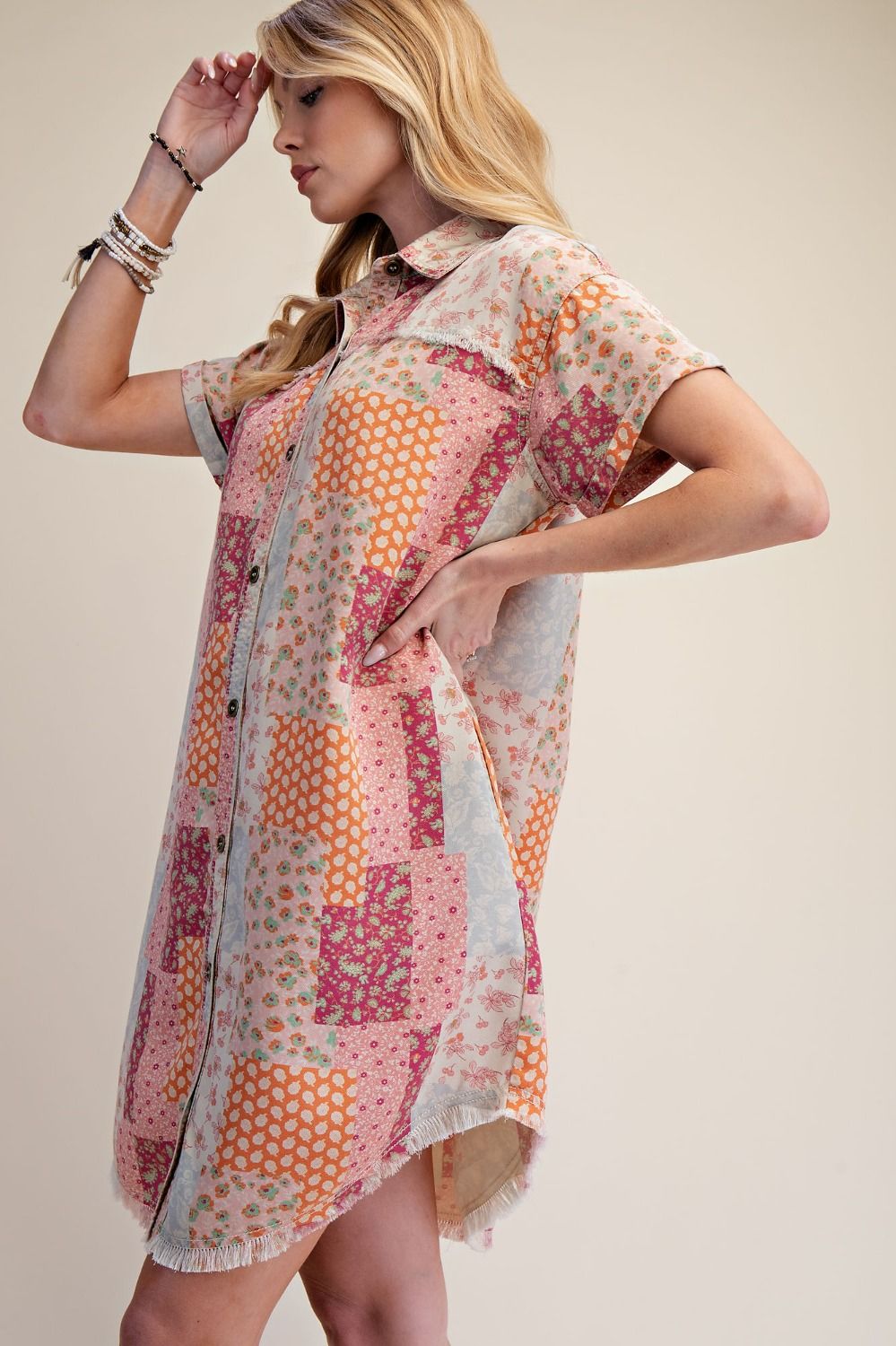 Patchwork Washed Twill Shirt Dress Light Taupe