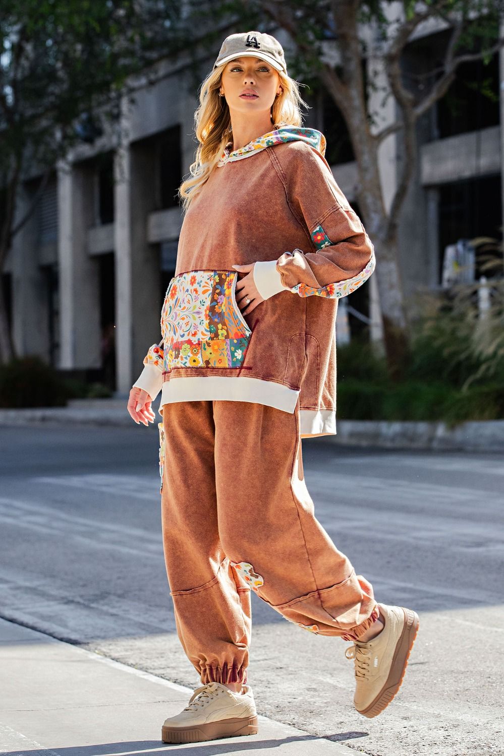 Mixed Floral Print Terry Hoodie Brick