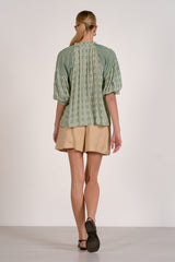 Mix Boho Print Bubble Sleeve Tied Top Green Boho