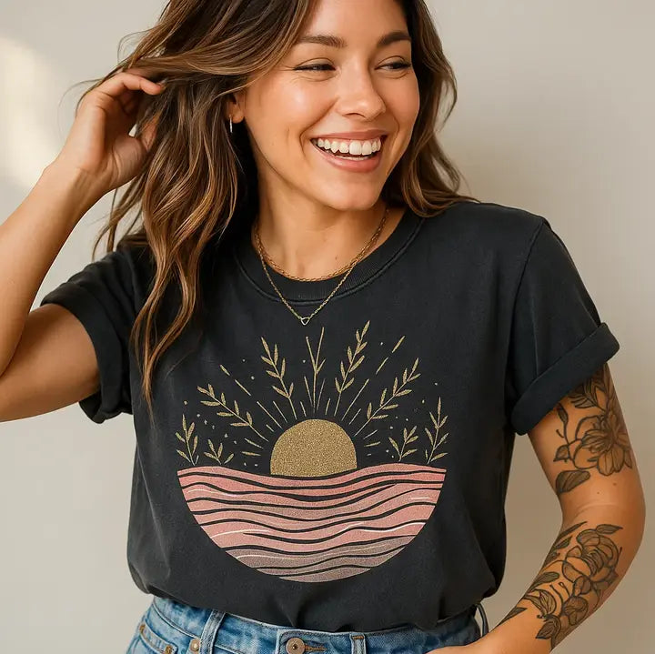 Sunset Wave Design T-Shirt Charcoal