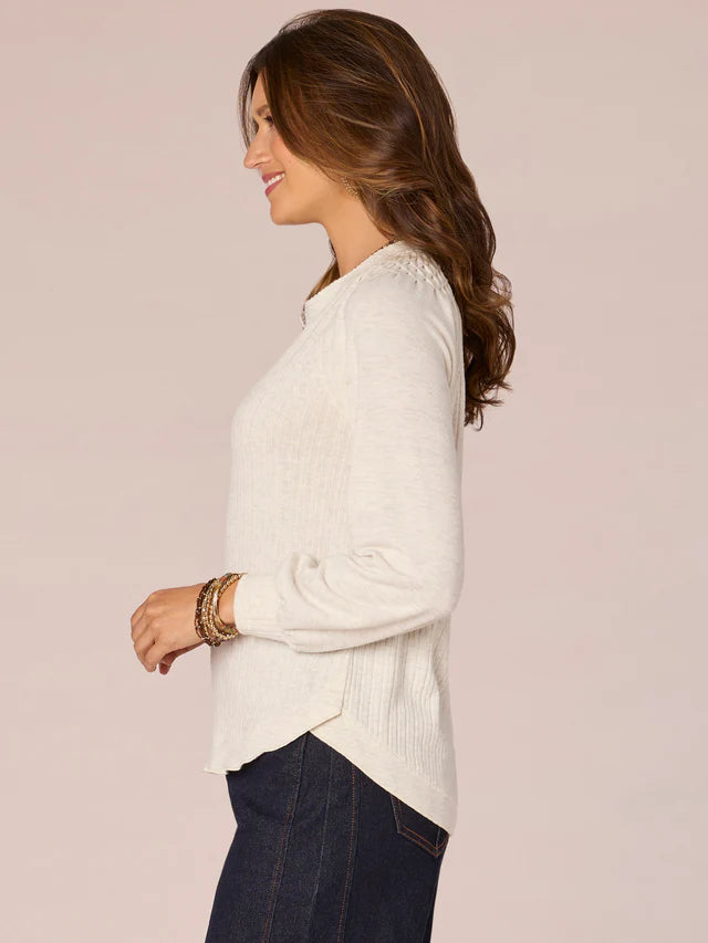 Mandarin Collar Half Placket Mix Media Knit Top Heather Cream
