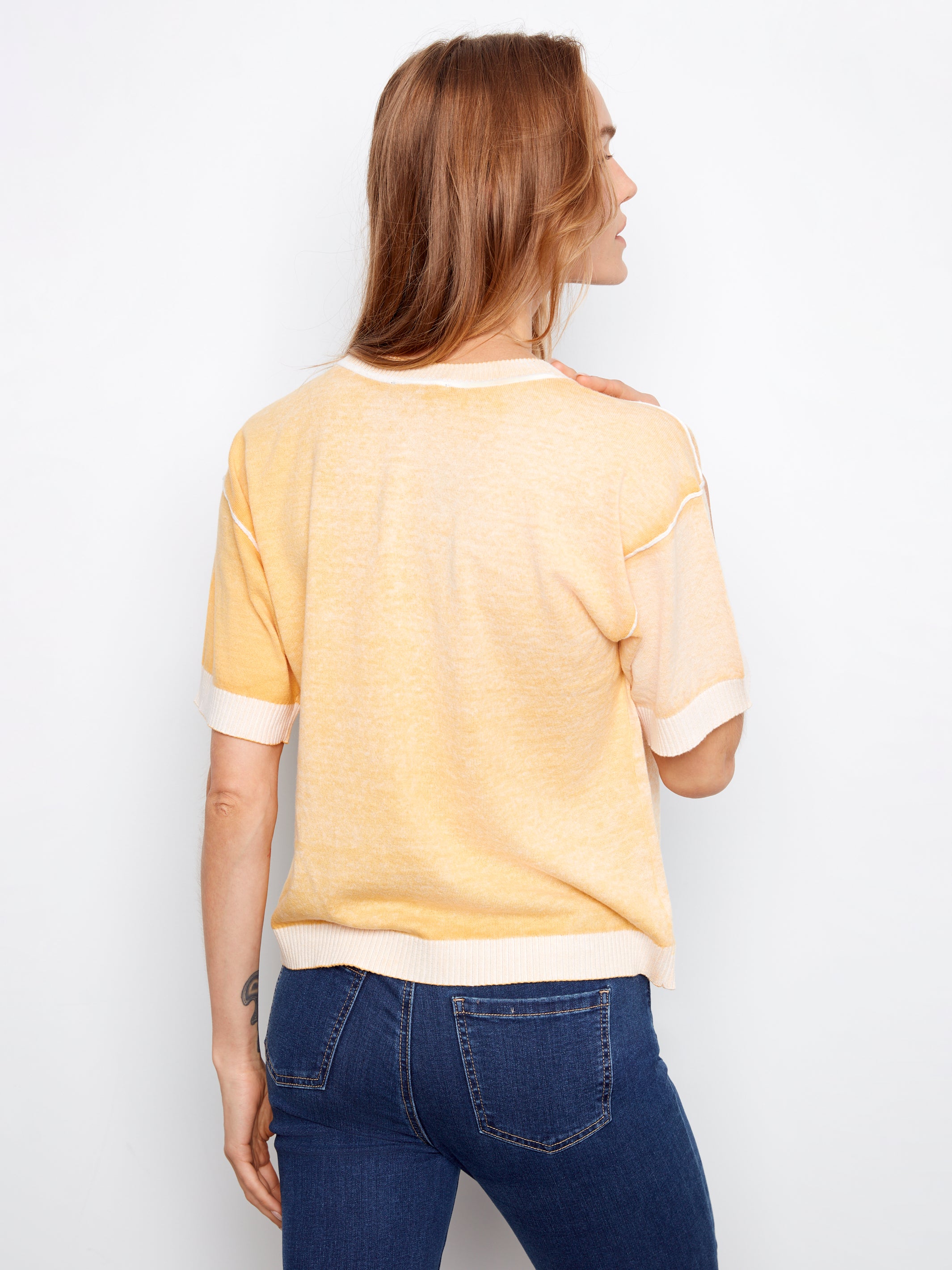 Reverse Print Short Sleeve Sweater Top Sunshine