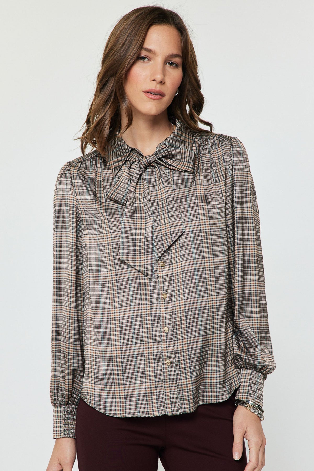 Plaid Satin Tie Neck Smock Cuff Blouse Multi