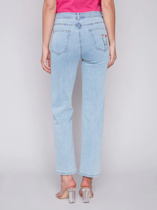 Embroidered Stemmed Floral Denim Jeans Bleach Blue