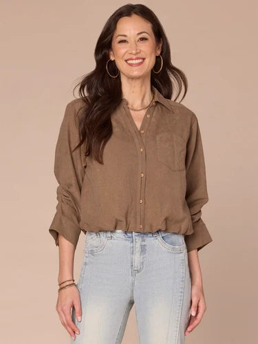 Bubble Hem 3/4 Tucked Sleeve Button Down Shirt Moonrock