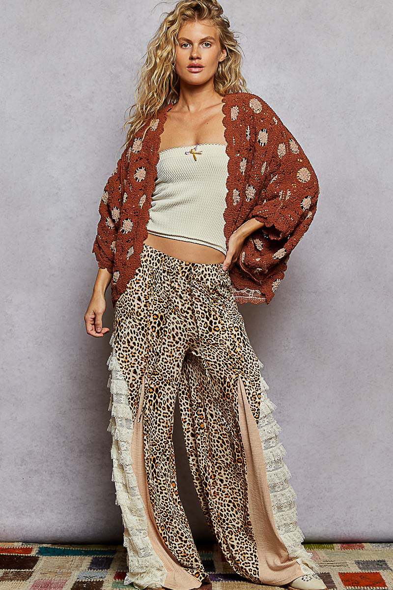 Floral Pattern V-neck Relaxed Fit Batwing Cardigan Brick/Latte
