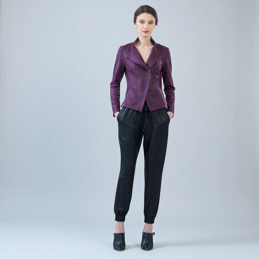 Classic Leather Knit Moto Jacket Plum