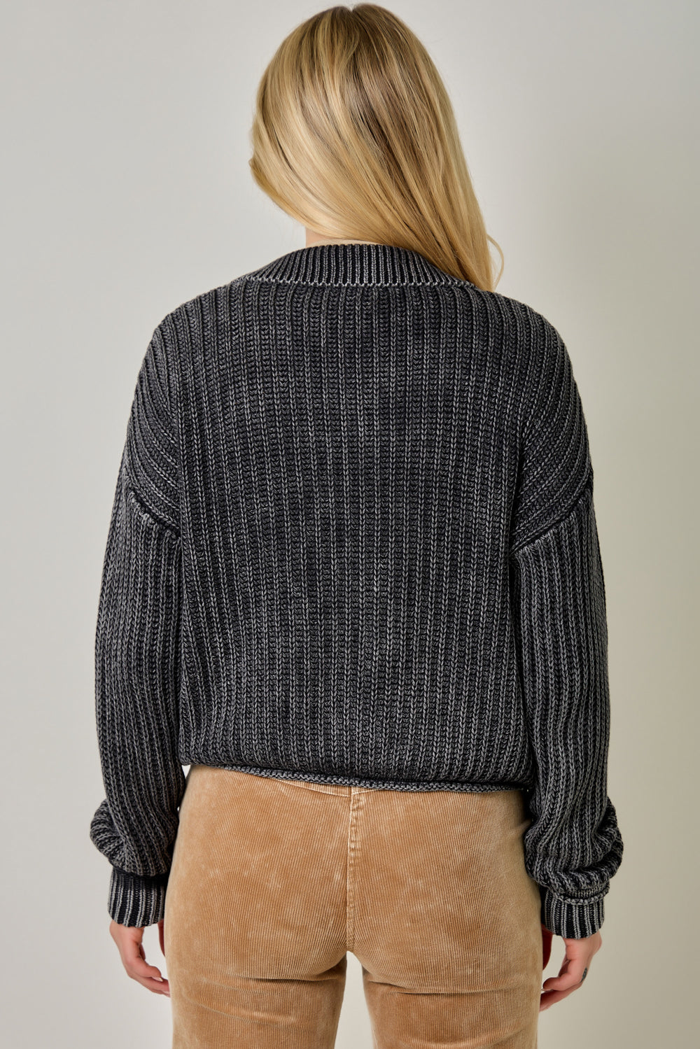 Washed Ribbed Zip Up Sweater Washed Black