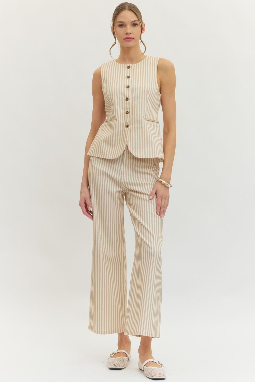 Stripe Button Up Vest Tan
