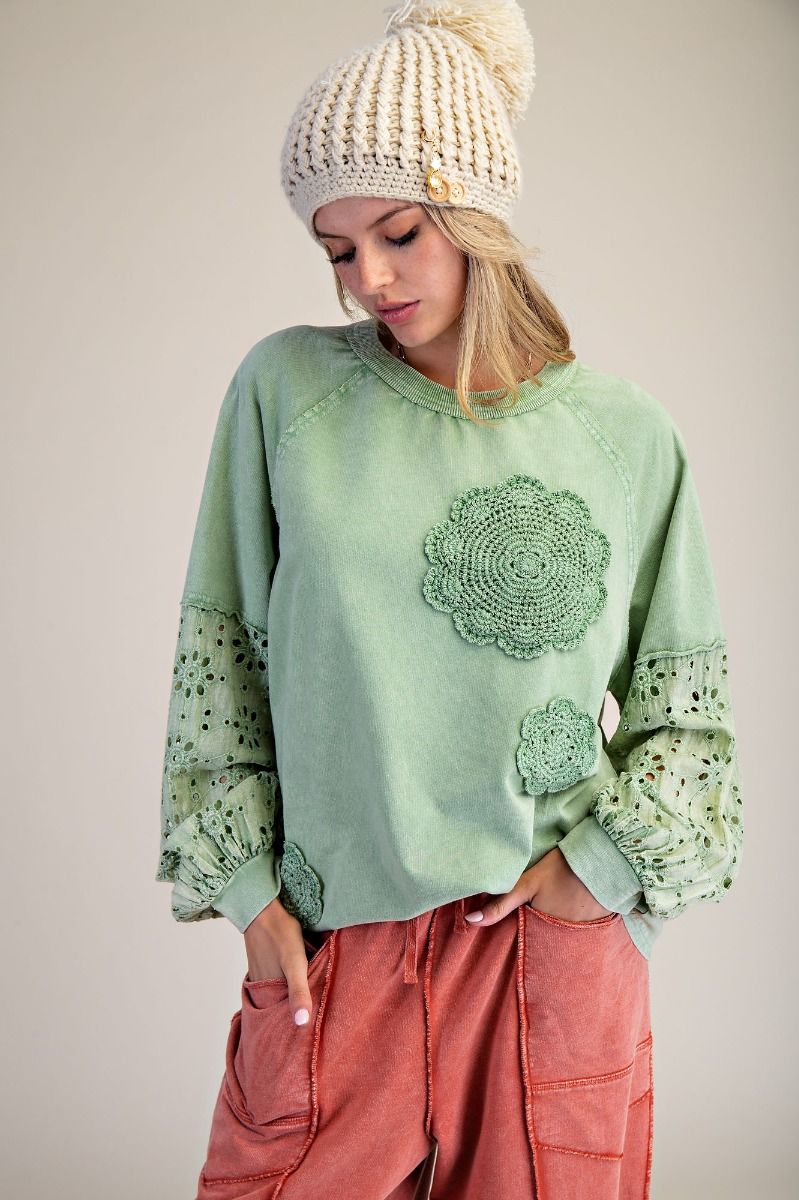 Eyelet Lace Inset Mineral Wash Pullover Apple Green