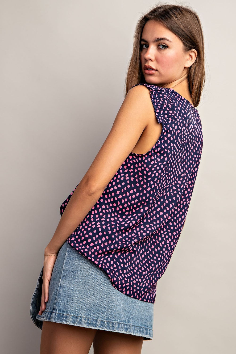 Speckle Print Sleeveless Pleat Shoulder Top Hot Pink