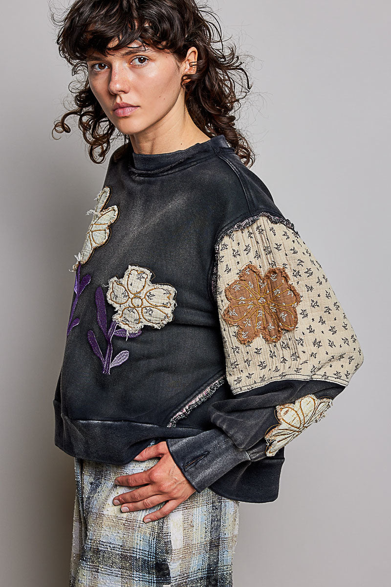 Floral Patch Exposed Seam Shoulder Ruffle Sweatshirt