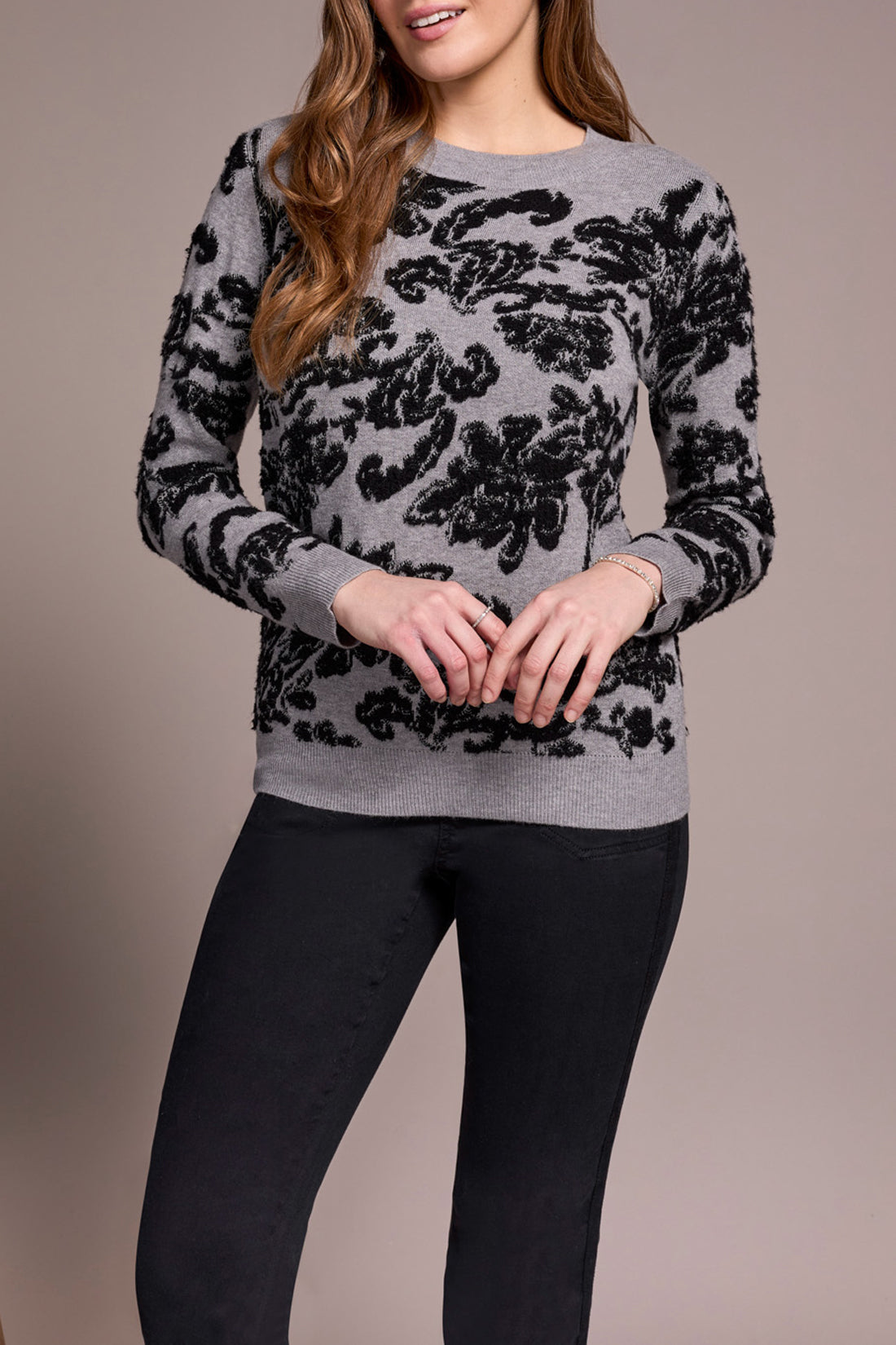Floral Scroll Print Crew Neck Sweater Grey Mix