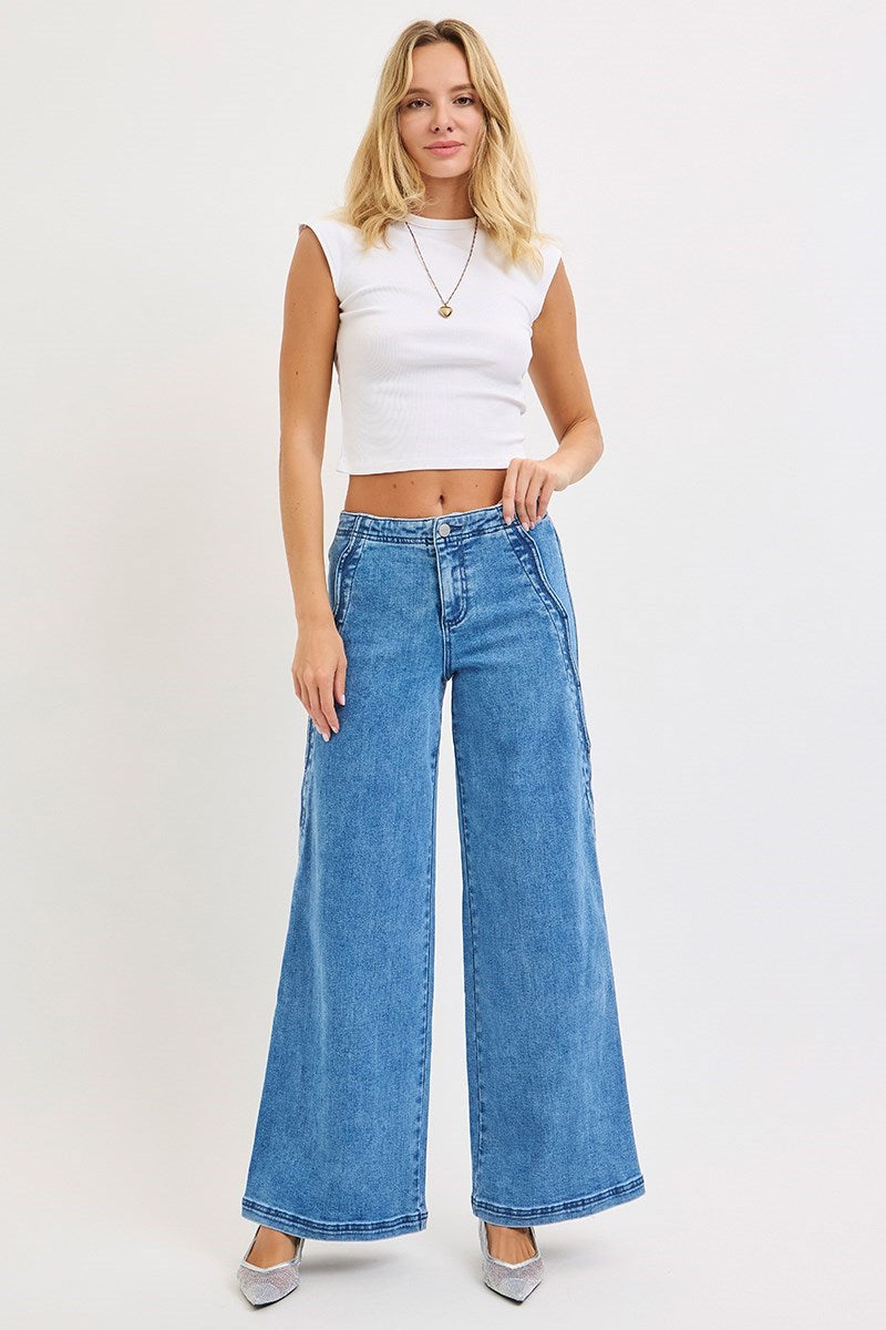 High Rise Wide Leg With Scalloped Edge Detail Solid Medium