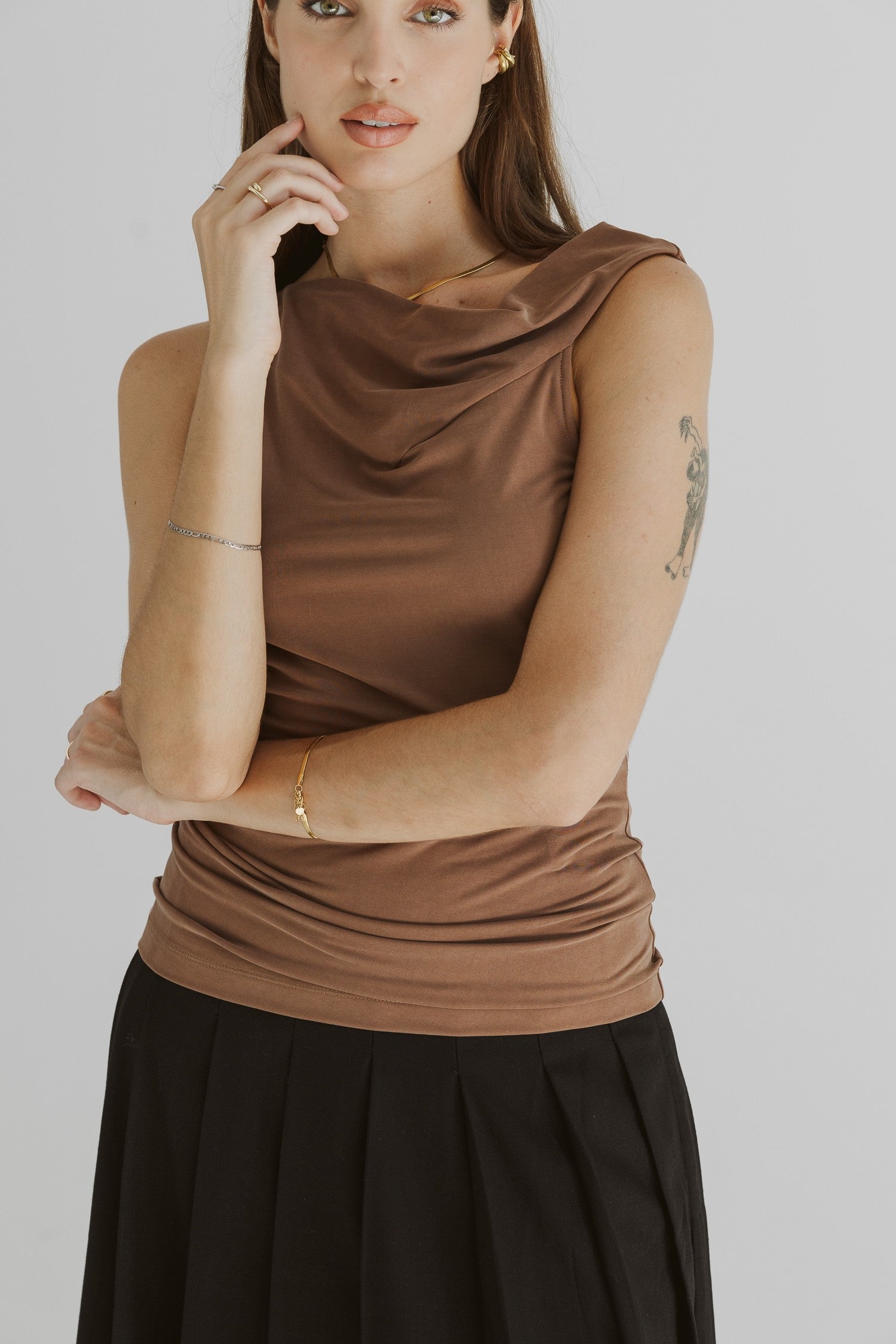 Emilia Asymmetric Twist Shoulder Top Mocha