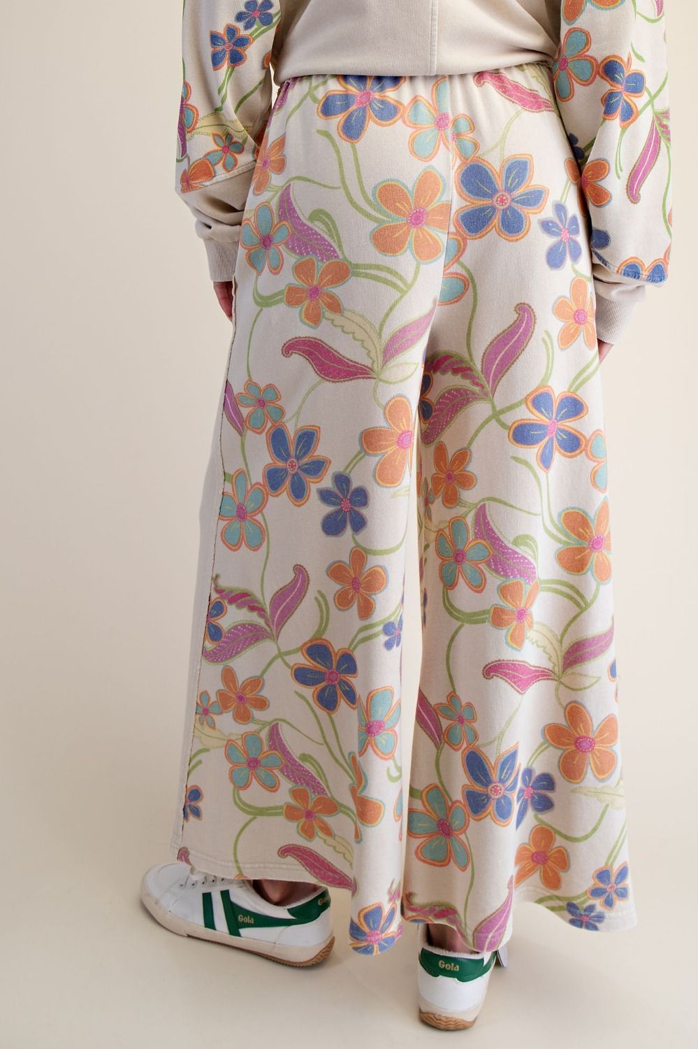 Floral Print Mix Washed Terry Pants Khaki