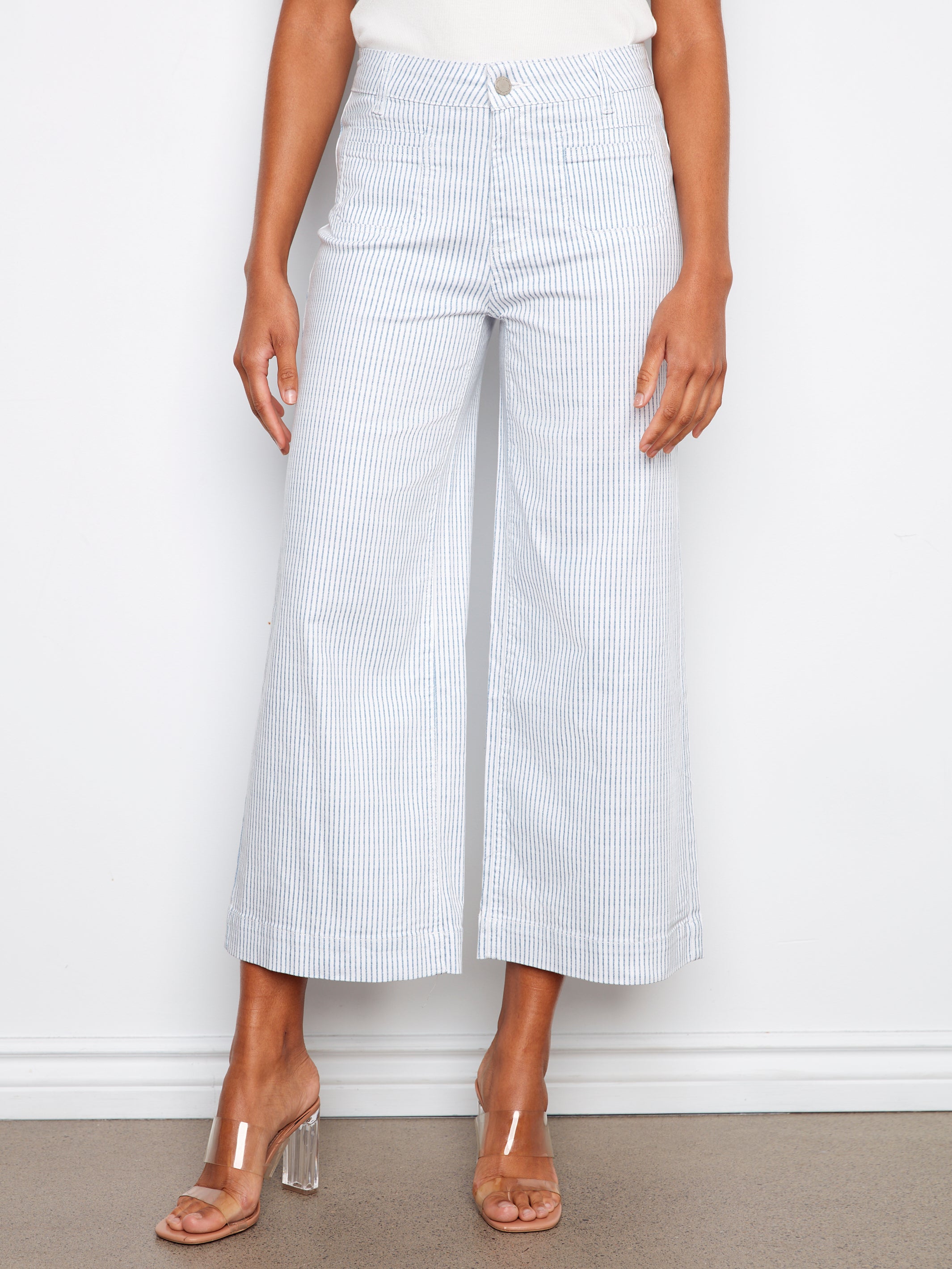 Stripe Print Patch Pocket Wide Leg Jeans Lines