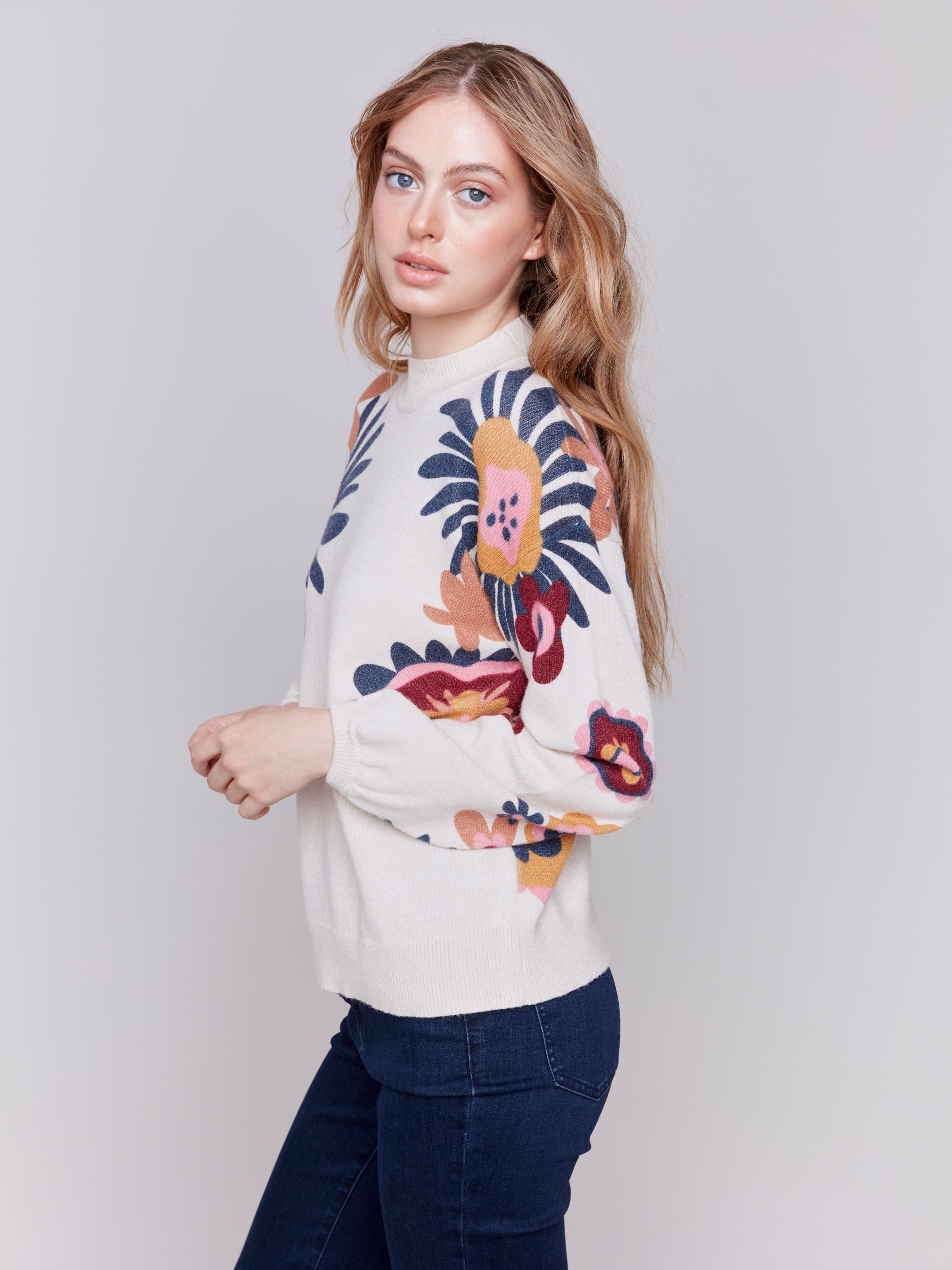 Funky Floral Printed Sides Sweater Heather Beige