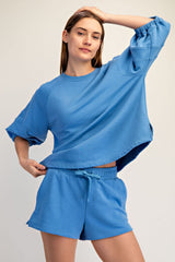 French Terry Bubble Half Sleeve Top Aqua Splash