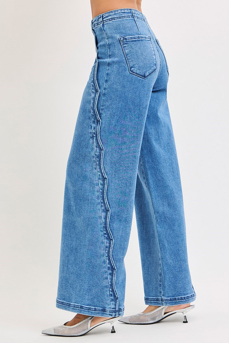 High Rise Wide Leg With Scalloped Edge Detail Solid Medium