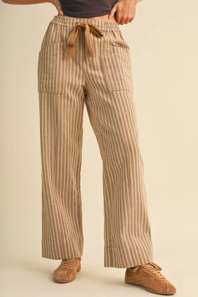 Utility Pocket Stripe Drawstring Crop Pants Warm Sand Stripe