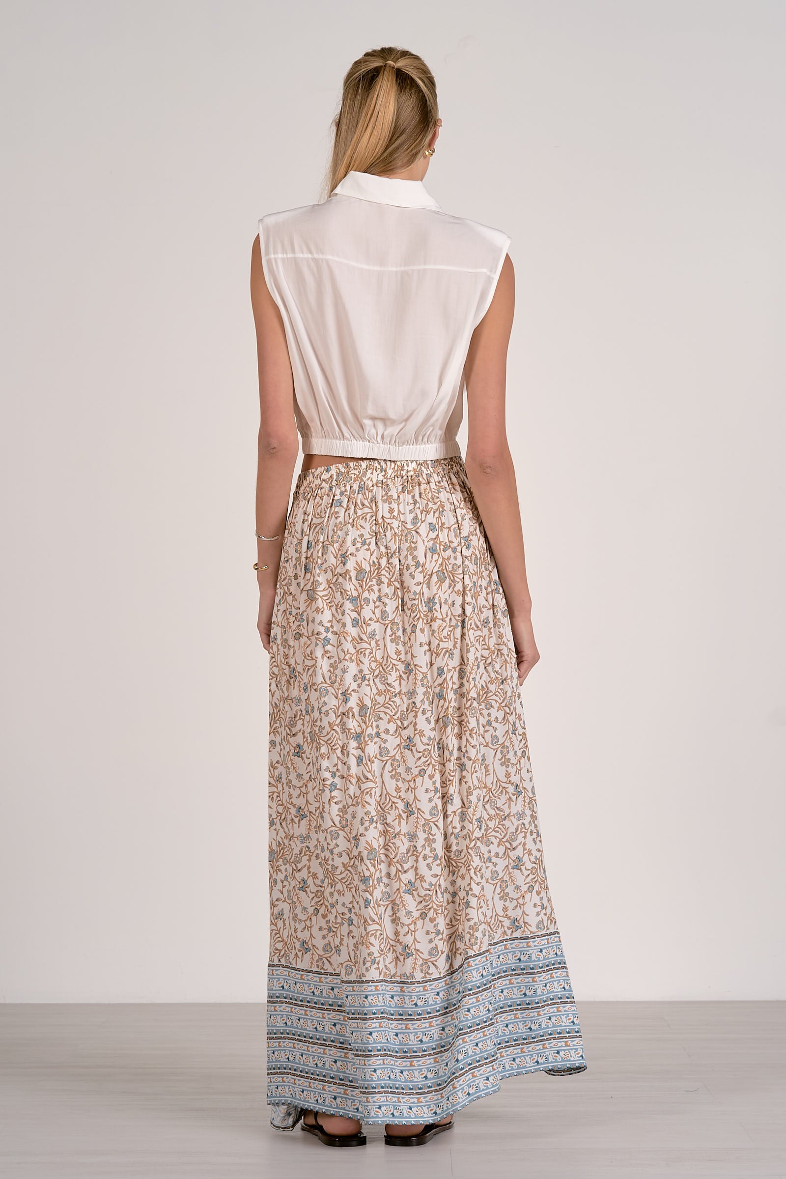 Cap Sleeve Cinched Crop Button Down White