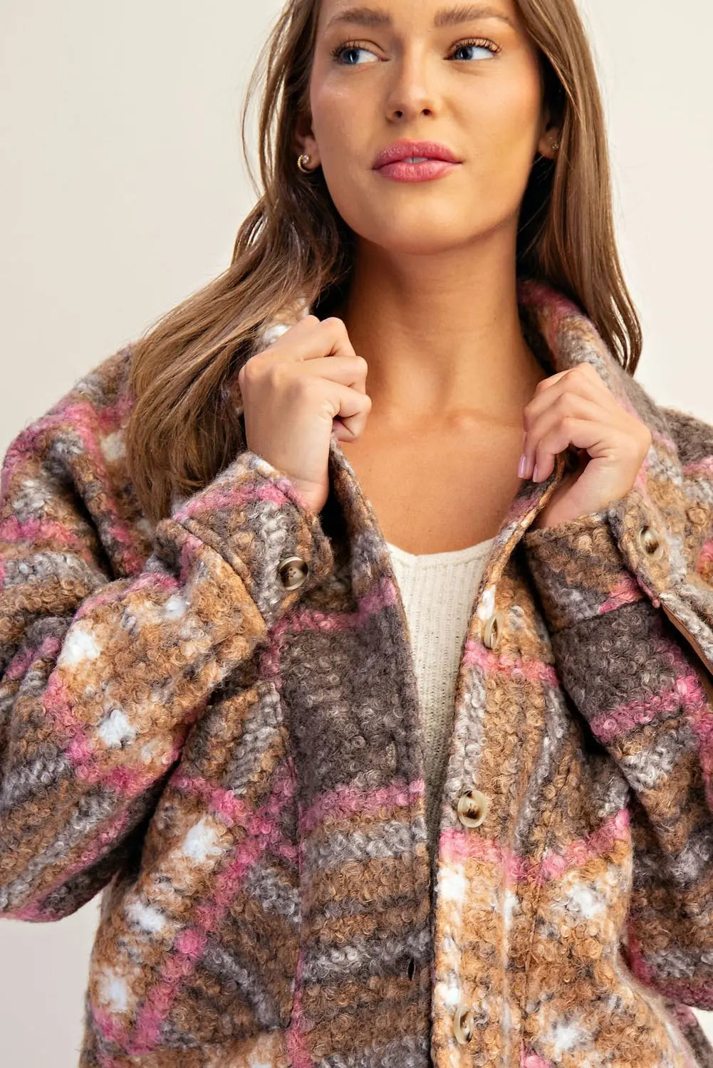 Plaid Boucle Collared Jacket Toffee Brown