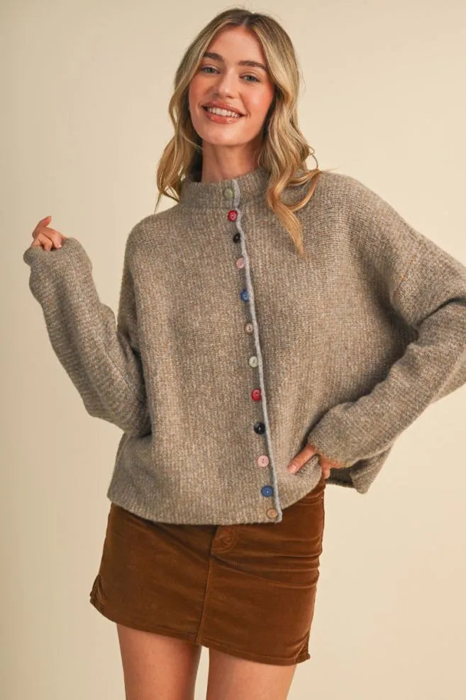 Colored Buttons Two Tone Mock Neck Cardi Natural Grey
