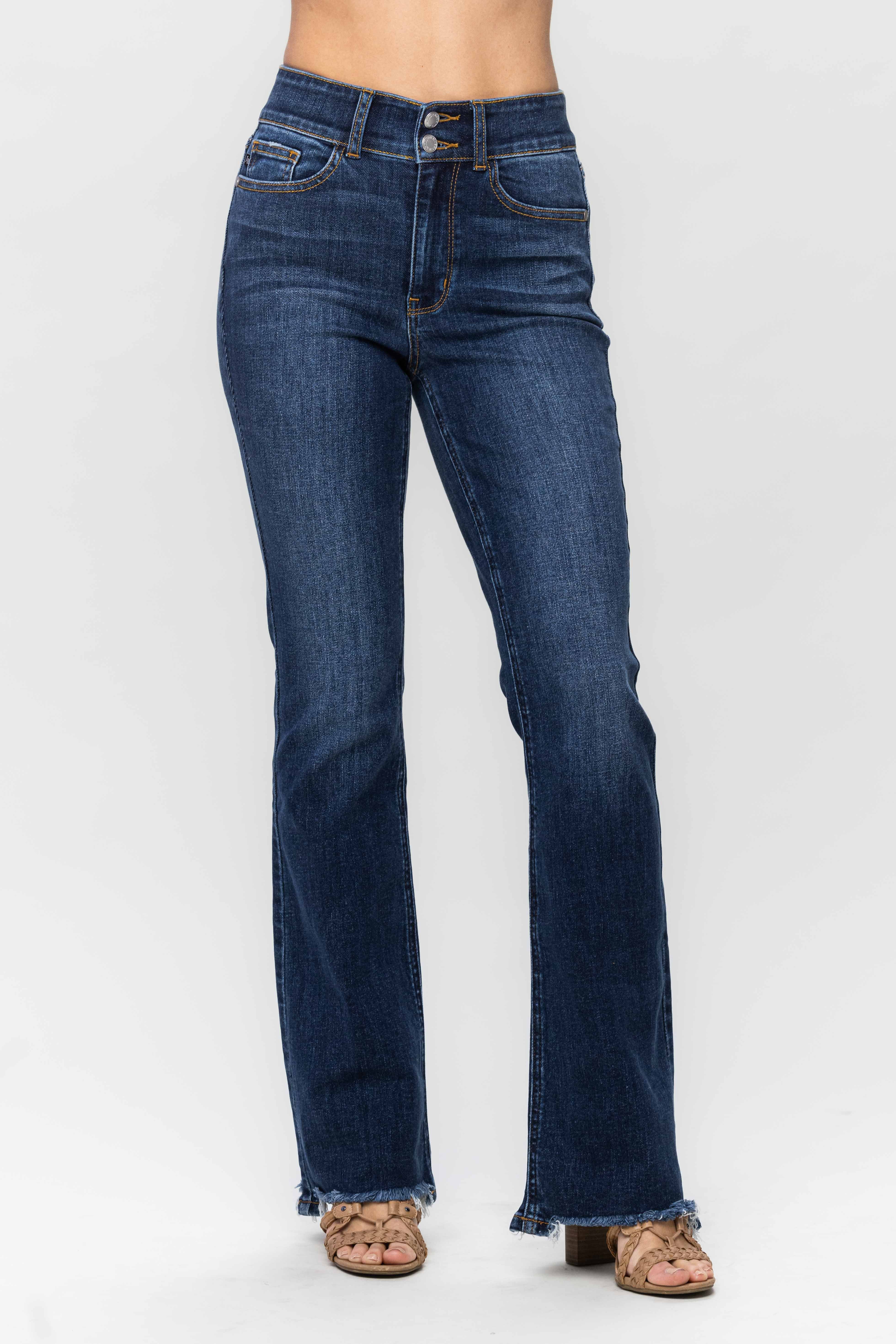 Double Button High Waist Vintage Frayed Hem Bootcut Jeans Dark